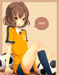  bad_id bad_pixiv_id ball brown_eyes brown_hair highres inazuma_eleven_(series) inazuma_eleven_go lightning_bolt male_focus raimon raimon_soccer_uniform shindou_takuto soccer_ball soccer_uniform socks sportswear telstar yugake_(mrnmrm) 