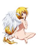  1girl ass astraea barefoot blonde_hair blush collar extraction feet female highres legs long_hair looking_back naked nude simple_background sitting soles solo sora_no_otoshimono thighs toes wings 