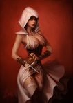  assassin's_creed_(series) breasts cleavage corset fishnets garter_straps hidden_blade hood large_breasts lingerie lips solo tan thighhighs underwear vambraces weapon white_legwear will_murai 