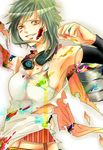  belt goggles green_hair grin gumi highres midriff navel open_mouth paint paint_can paintbrush scarf short_hair smile solo tank_top togashi_(choco-bakama_kitchen) torn_clothes trim_brush vocaloid yellow_eyes 