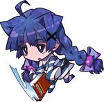  alice_(criminal_girls) book bow braid bright_pupils chain chibi criminal_girls full_body hair_bow ichihaya long_hair long_sleeves multicolored multicolored_clothes multicolored_legwear official_art purple_eyes purple_hair simple_background sleeves_past_wrists solo striped striped_legwear thighhighs twin_braids two-tone_legwear 