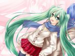  1girl :d back-to-back bad_id bad_pixiv_id blue_hair blue_scarf cardigan green_eyes green_hair hatsune_miku kaito long_hair maou_mikage open_mouth plaid plaid_skirt scarf shared_scarf skirt smile thighhighs twintails very_long_hair vocaloid zoom_layer 