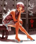  absurdres brown_eyes china_dress chinese_clothes dress high_heels highres kiseru legs meiko pipe red_hair scrap_iron shoes short_hair sitting smoke solo vocaloid 