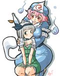  breasts covered_nipples flat_chest hairband hat highres konpaku_youmu konpaku_youmu_(ghost) large_breasts multiple_girls pink_hair red_eyes saigyouji_yuyuko short_hair silver_hair touhou yuro 