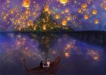  1girl absurdres boat brown_hair cityscape flynn_rider good_end green_eyes highres jakuroi lantern rapunzel_(disney) scenery sky_lantern spoilers tangled watercraft 