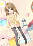  argyle argyle_legwear bad_anatomy bed brown_eyes brown_hair cat dressing highres nashi_rin no_pants original short_hair solo sweater thighhighs zettai_ryouiki 