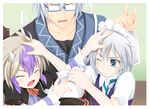  :&lt; ahoge blue-framed_eyewear blush closed_eyes collarbone glasses hand_on_another's_head horns izayoi_sakuya maid maid_headdress morichika_rinnosuke multicolored_hair multiple_girls ogami_kazuki one_eye_closed open_mouth purple_hair pushing silver_hair sweatdrop tokiko_(touhou) touhou two-tone_hair upper_body 