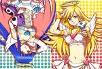  armlet bad_id bad_pixiv_id blonde_hair blue_eyes bracelet breasts choker gun halo honekoneko_(psg) jewelry long_hair medium_breasts midriff multicolored_hair multiple_girls navel panty_&amp;_stocking_with_garterbelt panty_(psg) rotational_symmetry skirt stocking_(psg) stuffed_animal stuffed_cat stuffed_toy two-tone_hair very_long_hair weapon wings yomoya 