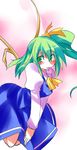  bow condom condom_in_mouth daiyousei green_eyes green_hair hair_bow long_hair mouth_hold side_ponytail solo tachiuo_nikominabe touhou wings 