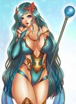  bare_shoulders blue_eyes blush boots breasts cameltoe cape cleavage covered_nipples detached_sleeves elbow_gloves final_fantasy final_fantasy_iv final_fantasy_iv_the_after gloves green_hair hair_ornament jewelry large_breasts legs long_hair momoman_(pink_voltage) rydia solo staff thick_thighs thigh_boots thighhighs thighs 