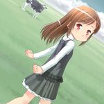  brown_hair cloud cow day grass long_hair looking_back meow_(nekodenki) original red_eyes sky solo 
