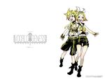  1girl blonde_hair brother_and_sister frills happy kagamine_len kagamine_rin miwa_shirou shorts siblings simple_background twins vocaloid wallpaper 