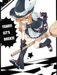  :d adapted_costume belt blonde_hair boots border broom broom_riding bullet chain checkered checkered_floor elbow_gloves english gloves hand_on_hip hat hibimegane highres kirisame_marisa open_mouth smile solo star touhou witch_hat yellow_eyes 