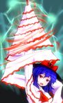  arm_up ascot blue_hair drill hat highres krace nagae_iku parody purple_eyes red_eyes shawl solo tengen_toppa_gurren_lagann touhou upper_body 