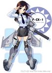  aircraft airplane black_legwear blush brown_eyes brown_hair drum_magazine f-ck-1 gatling_gun girl_arms gun jet long_hair mecha_musume military necktie personification salute skirt solo thighhighs weapon zeco 