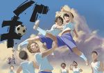  6+boys action bad_id bad_pixiv_id ball blush brown_eyes brown_hair flying_kick goon jpeg_artifacts kicking male_focus motion_blur multiple_boys multiple_girls original playing_sports soccer soccer_ball sport telstar 