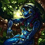  amphibian bikini blue_poison_dart_frog female frog mab skimpy solo tree tribal tropical yellow_eyes 