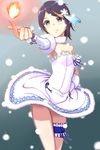  black_hair blue_eyes clearite dress fire fireball foreshortening hair_ornament highres idolmaster idolmaster_dearly_stars mizutani_eri short_hair snowflake_hair_ornament snowflake_liliput snowflakes solo 