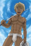  1boy abs blonde_hair bulge dripping ebitendon fishing fishing_pole fishing_rod fundoshi lowres male male_focus muscle sky smile solo standing tan tattoo topless torakichi_(ebitendon) underwear wet white_eyes 