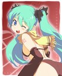  blue_eyes blush_stickers detached_sleeves deyuuku green_hair hatsune_miku long_hair looking_back one_eye_closed scarf solo twintails vocaloid yellow_scarf 