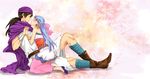  1girl bad_id bad_pixiv_id blue_hair blush bow bracelet cape couple dragon_quest dragon_quest_v dress earrings flora hair_bow hero_(dq5) hetero highres holding_hands imminent_kiss jewelry long_hair pink_bow turban w-joumu 