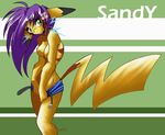  2004 breasts chalo ear_markings face_markings female green_eyes hair hair_flower markings pikachu pok&eacute;mon pok&eacute;morph purple_hair sandy_(chalo) solo standing tail topless undressing yellow 