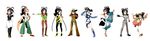  1girl absurdres alternate_hairstyle asymmetrical_clothes black_pantyhose blue_eyes bow bowtie brown_hair brycen_(pokemon) brycen_(pokemon)_(cosplay) burgh_(pokemon) burgh_(pokemon)_(cosplay) chaps cilan_(pokemon) cilan_(pokemon)_(cosplay) clay_(pokemon) clay_(pokemon)_(cosplay) commentary_request cosplay cowboy_hat cowboy_western crossdressing drayden_(pokemon) drayden_(pokemon)_(cosplay) elesa_(pokemon) elesa_(pokemon)_(cosplay) fringe_trim hat headphones highres hilda_(pokemon) iris_(pokemon) iris_(pokemon)_(cosplay) lenora_(pokemon) lenora_(pokemon)_(cosplay) long_hair pantyhose pokemon pokemon_bw ponytail rkp sarashi skyla_(pokemon) skyla_(pokemon)_(cosplay) traditional_bowtie twintails 