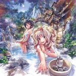  ahoge alcohol annie_berton architecture bathing bird black_eyes black_hair blonde_hair east_asian_architecture face foreshortening full_moon graphite_(medium) hair_up hands lights long_hair matsuda_(matsukichi) mixed_media moon mountain multiple_girls naked_towel night onsen original outstretched_arm partially_submerged sake scenery short_hair sitting smile soaking_feet souzu stone_lantern tori_(matsuda_(matsukichi)) towel traditional_media tree water waterfall wet yvette_martin 