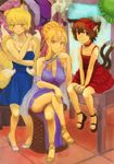  animal_ears bad_id bad_pixiv_id blonde_hair braid cat_ears cat_tail chair chen choker closed_fan collar contemporary crossed_legs dress fan flower folding_fan formal fox_ears fox_tail hairband high_heels jewelry kibougou long_hair multiple_girls necklace pigeon-toed red_eyes sandals shoes short_hair sitting smile table tail touhou yakumo_ran yakumo_yukari 