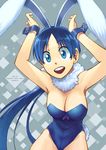  aliesta animal_ears armpits bare_legs blue_eyes blue_hair breasts bunny_ears bunnysuit cleavage large_breasts original short_hair smile solo 