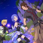  2boys aqua_(kingdom_hearts) bad_id bad_pixiv_id black_legwear blonde_hair blue_eyes blue_hair blush brown_hair brown_hakama detached_sleeves fingerless_gloves gloves hakama highres japanese_clothes kingdom_hearts kingdom_hearts_birth_by_sleep multiple_boys night okitsune_(okitsune-sama) shooting_star terra_(kingdom_hearts) thighhighs ventus 