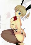  animal_ears ass blonde_hair blue_eyes bow breasts bunny_ears bunny_girl bunny_tail bunnysuit choker cleavage cuffs hair_bow high_heels highres large_breasts mibu_natsuki pantyhose pantyhose_pull sling_bikini smile swimsuit tail thong 