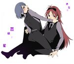  alternate_costume bad_id bad_pixiv_id blue_eyes blue_hair blush bow formal hair_bow hand_on_hip hand_on_shoulder long_hair mahou_shoujo_madoka_magica miki_sayaka multiple_girls necktie pant_suit pants ponytail red_eyes red_hair sakura_kyouko simple_background sitting suit thigh_straddling tsuzura_(pace_haibun) waistcoat white_background yuri 