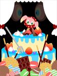  bad_pixiv_id candy charlotte_(madoka_magica) chocolate cookie food fork fruit highres mahou_shoujo_madoka_magica no_humans pecopoco9 sitting solo strawberry 