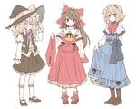  adapted_costume alice_margatroid arata_iri blonde_hair blue_eyes brown_hair closed_eyes embellished_costume frills grin hakurei_reimu kirisame_marisa multiple_girls pantyhose red_eyes simple_background smile standing touhou white_background 