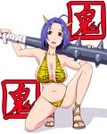  animal_print bikini blue_hair breasts clearite cleavage club full_body horns idolmaster idolmaster_(classic) idolmaster_2 kanabou large_breasts miura_azusa one_knee oni red_eyes sandals setsubun short_hair sideboob solo swimsuit tiger_print transparent_background weapon 