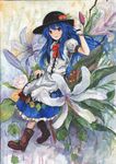  acrylic_paint_(medium) bad_id bad_pixiv_id blue_hair boots bow flower food fruit hand_on_headwear hat hinanawi_tenshi isegawa_yasutaka lily_(flower) long_hair peach red_eyes solo touhou traditional_media wrist_cuffs 