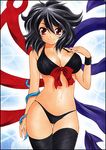  bikini black_hair breasts cleavage front-tie_top houjuu_nue large_breasts marker_(medium) pastel_(medium) red_eyes smile snake solo swimsuit thigh_gap thighhighs touhou traditional_media yadokari_genpachirou 