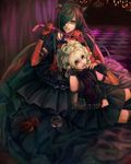  2girls asagi_(d) black_flower black_hair black_rose blonde_hair d_(band) dress flower long_hair multiple_girls red_flower red_rose rose ruiza short_hair whip 