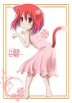  :3 animal_ears barefoot cat_ears cat_tail catstudioinc_(punepuni) dress looking_back original paw_pose pink_dress puni_(miku_plus) red_eyes red_hair solo tail 