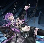 android bracelet breasts broken cable damaged highres jewelry long_hair lying medium_breasts moriyama_yuuki on_back open_mouth original outstretched_arm parts_exposed purple_eyes purple_hair robot_joints single_thighhigh skirt solo spine tears thighhighs underboob very_long_hair 