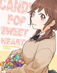  amagami blush breasts brown_eyes brown_hair candy food lollipop medium_breasts mouth_hold peg sakurai_rihoko school_uniform short_hair smile solo sweater 