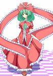  bad_id bad_pixiv_id bow dress frills front_ponytail green_eyes green_hair hair_bow hair_ribbon kagiyama_hina long_hair mizuki_yae ribbon solo touhou 