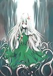  bad_id bad_pixiv_id dress ex-keine forest grass highres horn_ribbon horns kamishirasawa_keine long_hair looking_at_viewer nature necktie outstretched_hand reaching ribbon smile solo touhou traditional_media tree watercolor_(medium) yosshi_(pixiv) 