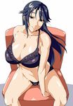  black_bra black_hair black_panties bra breasts brown_eyes cleavage collarbone huge_breasts legs lingerie long_hair original panties saruanu sitting smile solo underwear underwear_only 