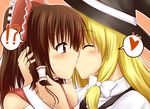  2girls blonde_hair blush bow brown_hair closed_eyes hair_tubes hakurei_reimu hat heart highres kirisame_marisa kiss multiple_girls portrait ribbon sazaki_hiyoru speech_bubble spoken_heart surprised touhou witch_hat yuri 