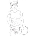  canine dog female hair looking_at_viewer nymphetamine shirt smile solo standing undressing 