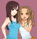  bad_id bad_pixiv_id bracelet brown_eyes brown_hair candy character_request earrings eyeshadow food getter_love!! jewelry kurono_yuu licking lips lollipop long_hair makeup multiple_girls nail_polish necklace red_eyes simple_background tank_top tongue twintails 