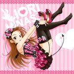  bad_id bad_pixiv_id bare_shoulders black_legwear blush bow brown_eyes brown_hair demon_tail demon_wings earrings garters hair_bow high_heels idolmaster idolmaster_(classic) jewelry long_hair minase_iori open_mouth punto shoes shoes_removed skirt solo tail thighhighs wings 