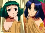  2girls bare_shoulders blue_hair choker covering farah_oersted green_eyes green_hair long_hair looking_up marone_bluecarno nude red_eyes ribbon_choker short_hair star tales_of_(series) tales_of_eternia tattoo 